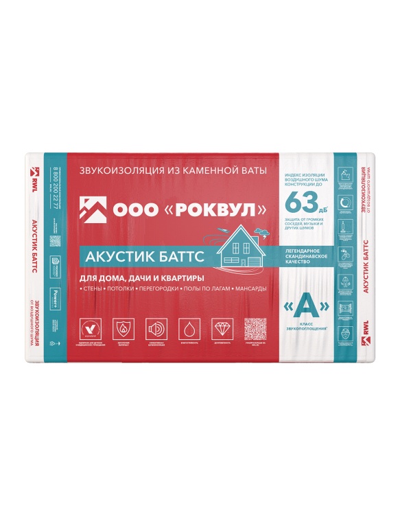 Шумоизоляция Роквул Акустик Баттс для стен, перегородок и потолка, 1000х600х100 мм, 5 шт/уп, 3 м²