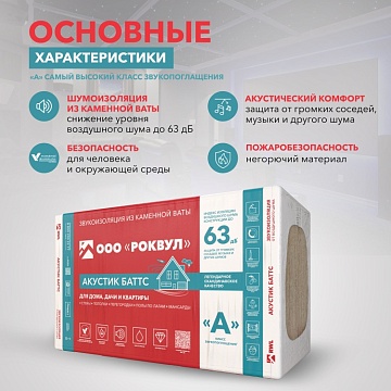 Шумоизоляция Роквул Акустик Баттс для стен, перегородок и потолка, 1000х600х100 мм, 5 шт/уп, 3 м²